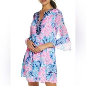 Lilly Pulitzer Eleanora Silk Jeweled Dress Fan Sea Pants Size Medium